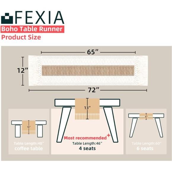 Boho Table Runner for Home Decor with Tassels 72 Inches Long Farmhouse Rustic - Picture 2 of 7